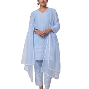 Myx Women's Pure Cotton Schiffli Embroidered Kurta Set with Dupatta (Available in Plus Sizes)